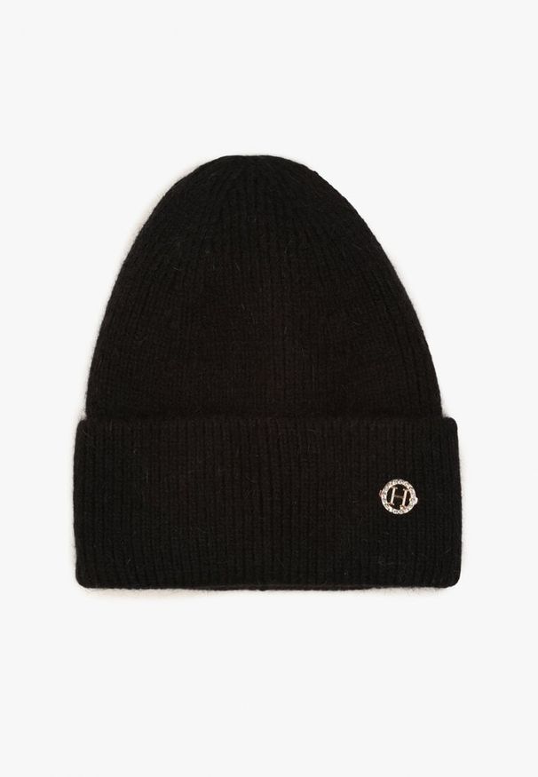Renee - Czarna Czapka Beanie z Dodatkiem Angory i Metaliczną Aplikacją Delathor. Kolor: czarny. Materiał: materiał. Wzór: aplikacja. Styl: casual