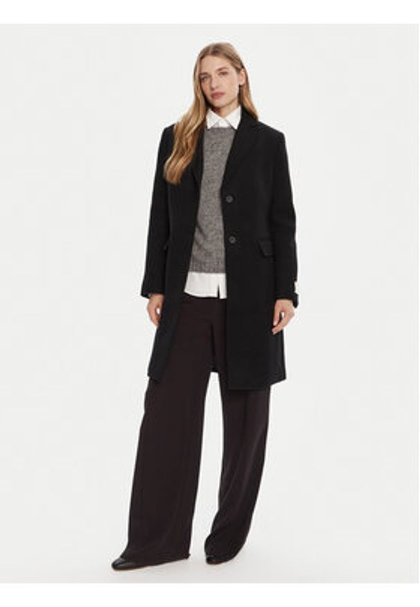 Calvin Klein Płaszcz wełniany LV044D558G Czarny Slim Fit. Kolor: czarny. Materiał: wełna