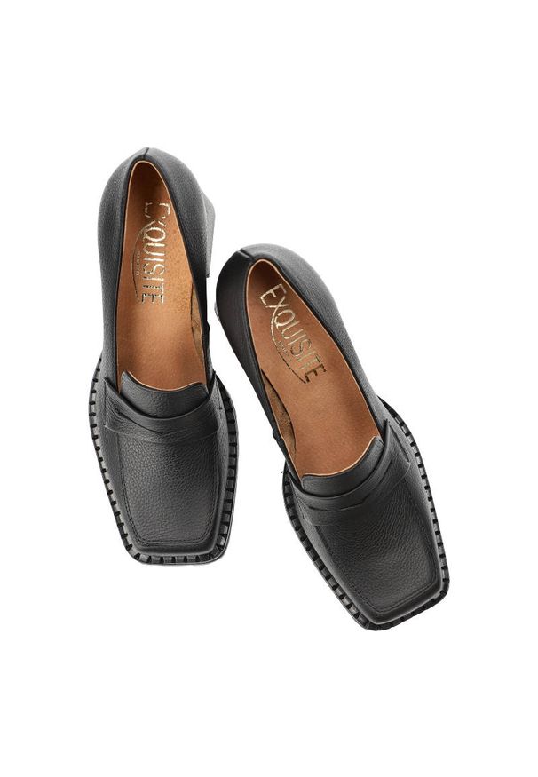 Czarne Półbuty Exquisite Eleganckie Skórzane Buty Damskie. Zapięcie: bez zapięcia. Kolor: czarny. Materiał: skóra. Szerokość cholewki: normalna. Wzór: aplikacja. Obcas: na obcasie. Styl: elegancki. Wysokość obcasa: średni