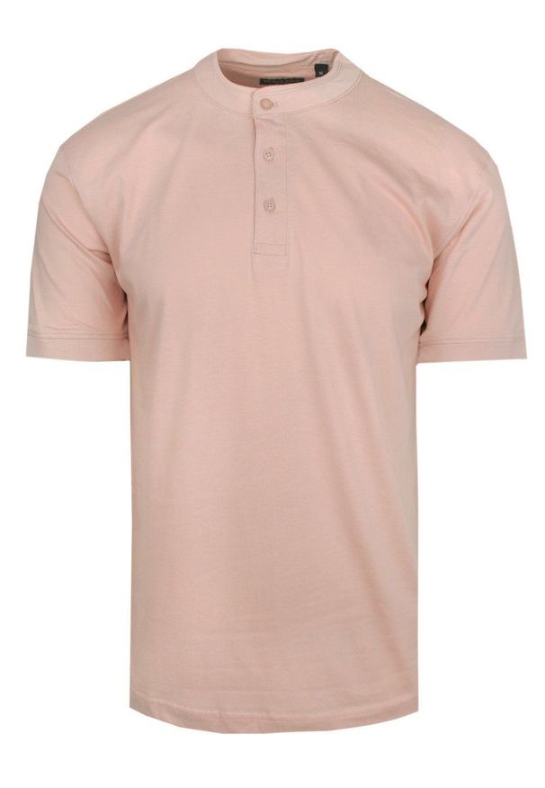 Męski T-Shirt na Stójce - Brave Soul - Zgaszony Róż. Okazja: na co dzień. Typ kołnierza: kołnierzyk stójkowy. Kolor: różowy. Materiał: bawełna. Sezon: wiosna, lato. Styl: casual