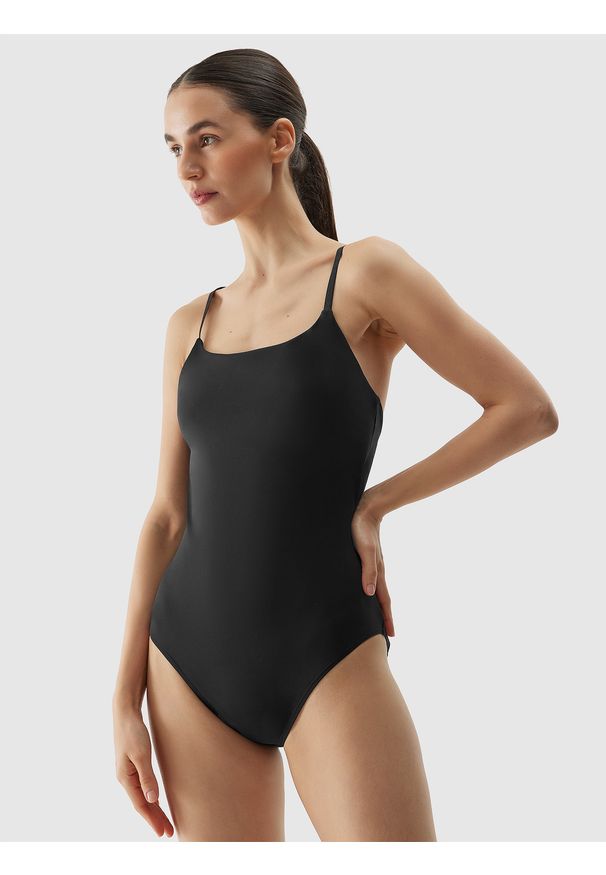 4f - 4F Body do jogi szybkoschnące damskie - czarne S. Typ kołnierza: dekolt na plecach, dekolt w karo. Kolor: czarny. Materiał: poliester, skóra, elastan, włókno, dzianina, materiał. Długość rękawa: na ramiączkach. Wzór: ze splotem, gładki, jednolity. Sport: joga i pilates