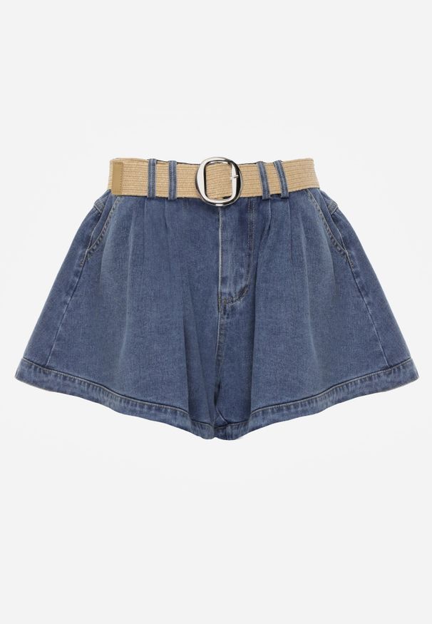Renee - Granatowe Szorty Jeansowe High Waist z Bawełny z Elastycznym Paskiem Tinreia. Okazja: na co dzień. Stan: podwyższony. Kolor: niebieski. Materiał: jeans, bawełna. Długość: krótkie. Sezon: lato. Styl: casual