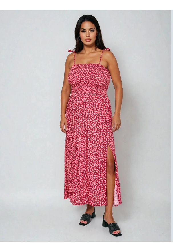 Big-Star - Sukienka damska midi z wiskozy na ramiączkach z motywem kwiatowym czerwona Lamboni 603. Okazja: na plażę, na spacer. Kolor: czerwony. Materiał: wiskoza. Długość rękawa: na ramiączkach. Wzór: kwiaty. Styl: wakacyjny. Długość: midi