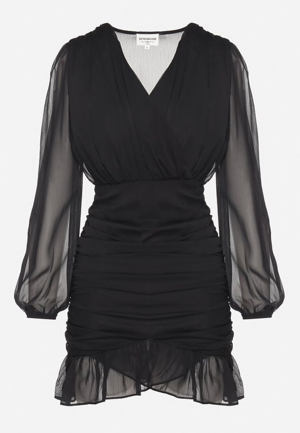 Born2be - Czarna Sukienka z Tiulowymi Rękawami i Marszczeniem Halanelia. Okazja: na co dzień. Typ kołnierza: dekolt kopertowy. Kolor: czarny. Materiał: tiul. Typ sukienki: kopertowe, proste. Styl: klasyczny, casual, elegancki