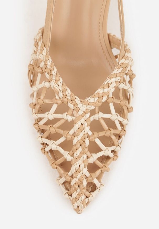 Renee - Ciemnobeżowe Czółenka na Szpilce z Ażurową Szydełkową Cholewką Navioil. Zapięcie: pasek. Kolor: beżowy. Materiał: satyna, len. Szerokość cholewki: normalna. Wzór: ażurowy. Obcas: na szpilce. Wysokość obcasa: średni