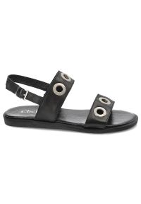 CheBello - Czarne Sandały Chebello Damskie Stylowe Obuwie. Zapięcie: pasek. Kolor: czarny. Materiał: jeans, skóra. Wzór: paski, aplikacja. Sezon: lato. Obcas: na płaskiej podeszwie. Styl: elegancki