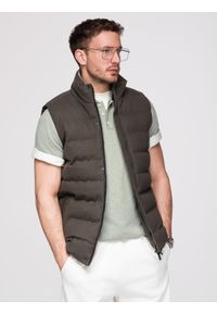 Ombre Clothing - Pikowany męski bezrękawnik z wełną – oliwkowy melanż V4. Okazja: na co dzień. Kolor: oliwkowy. Materiał: wełna. Długość rękawa: bez rękawów. Wzór: melanż. Styl: casual, sportowy #1