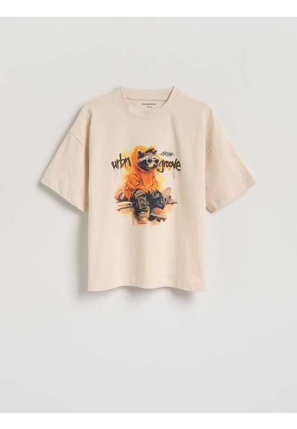 Reserved - T-shirt z nadrukiem - kremowy. Kolor: kremowy. Materiał: bawełna, dzianina. Wzór: nadruk