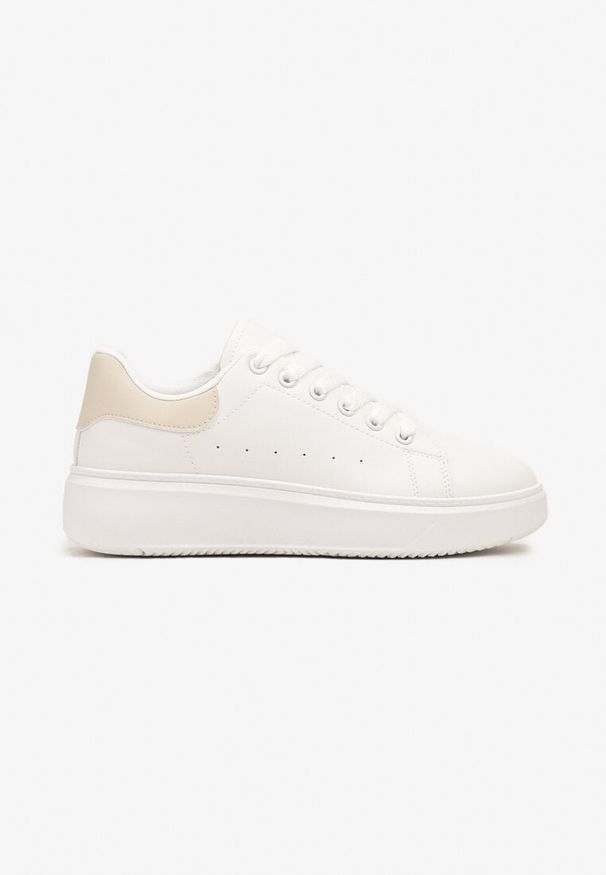 Born2be - Biało-Beżowe Klasyczne Sznurowane Sneakersy na Grubej Podeszwie Tiadorae. Okazja: na co dzień, na spotkanie biznesowe. Zapięcie: sznurówki. Kolor: biały. Materiał: jeans, bawełna