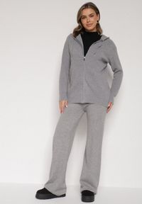 Born2be - Ciemnoszary Komplet z Wełną i Bawełną Szerokie Spodnie i Rozpinana Bluzka z Kapturem Reikania. Kolor: szary. Materiał: wełna, bawełna #1