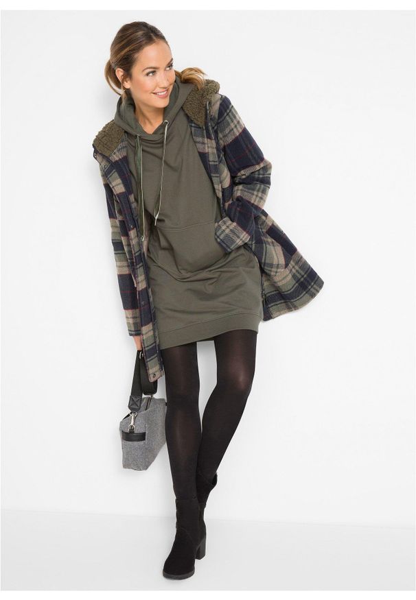 bonprix - Bawełniana sukienka dresowa. Typ kołnierza: kaptur. Kolor: zielony. Materiał: bawełna, dresówka