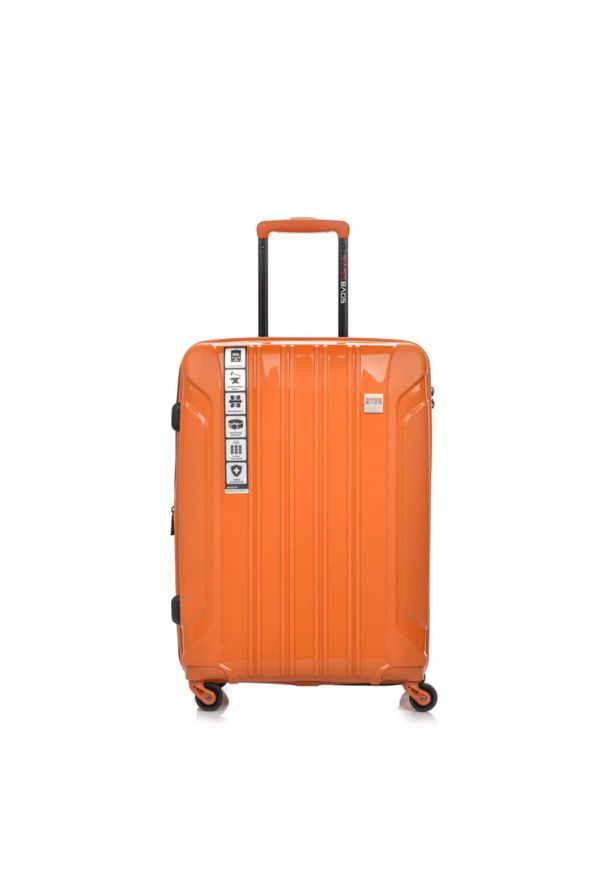 SWISSBAGS - Walizka na kółkach SwissBags Tourist pomarańczowa - średnia 74-90 l. Kolor: pomarańczowy. Materiał: materiał. Wzór: napisy. Styl: klasyczny, elegancki