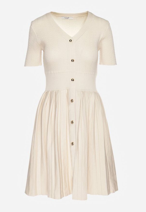 Renee - Jasnobeżowa Wiskozowa Sukienka Rozkloszowana Zdobiona Guzikami i Plisami Alulassa. Okazja: na spacer, na co dzień. Kolor: beżowy. Materiał: wiskoza. Wzór: aplikacja. Sezon: wiosna. Typ sukienki: rozkloszowane. Styl: casual, elegancki