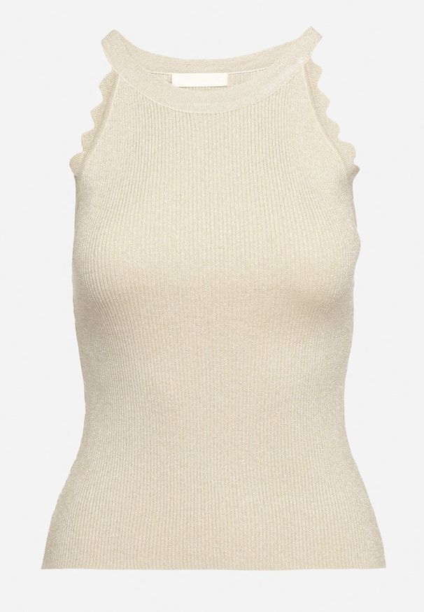 Born2be - Beżowy Prążkowany Top z Wiskozą i Geometrycznymi Wstawkami Vortirya. Okazja: na co dzień. Kolor: beżowy. Materiał: wiskoza, prążkowany. Wzór: geometria. Styl: elegancki, casual