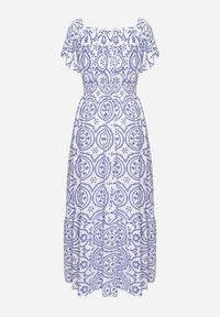 Born2be - Niebiesko-Biała Rozkloszowana Sukienka z Bawełną i Abstrakcyjnym Wzorem Ldivoria. Okazja: na spacer, na imprezę. Kolor: niebieski. Materiał: bawełna. Styl: elegancki #2