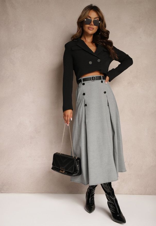Renee - Szaro-Czarna Spódnica o Rozkloszowanym Kroju High Waist z Guzikami Paskiem i Gumką w Talii Verianne. Stan: podwyższony. Kolor: szary. Materiał: tkanina