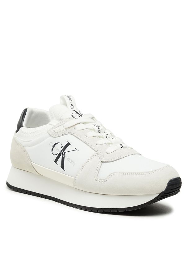 Sneakersy Calvin Klein Jeans Runner Sock Laceup Ny-Lth YM0YM00553 Bright White/Amethyst 01W. Kolor: biały. Materiał: zamsz, skóra