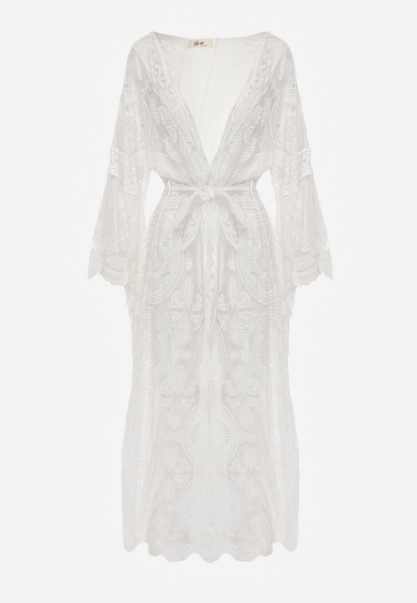 Born2be - Biały Kardigan Ażurowa Narzutka z Materiałowym Paskiem Arisstea. Okazja: na co dzień. Kolor: biały. Materiał: materiał. Długość rękawa: długi rękaw. Długość: długie. Wzór: ażurowy. Styl: casual