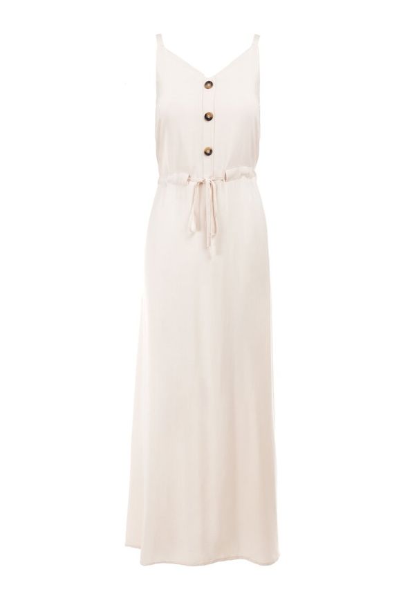 Born2be - Beżowa Sukienka z Wiskozy Xelpiroe. Okazja: na co dzień. Kolor: beżowy. Wzór: gładki, aplikacja. Typ sukienki: proste. Materiał: wiskoza. Długość rękawa: na ramiączkach. Sezon: lato. Styl: casual. Długość: maxi