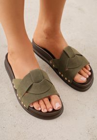 Born2be - Zielone Klapki z Przeplatanymi Paskami i Nitami przy Podeszwie Marivyn. Okazja: na co dzień, na randkę. Kolor: zielony. Materiał: len. Sezon: lato. Styl: casual, elegancki #6