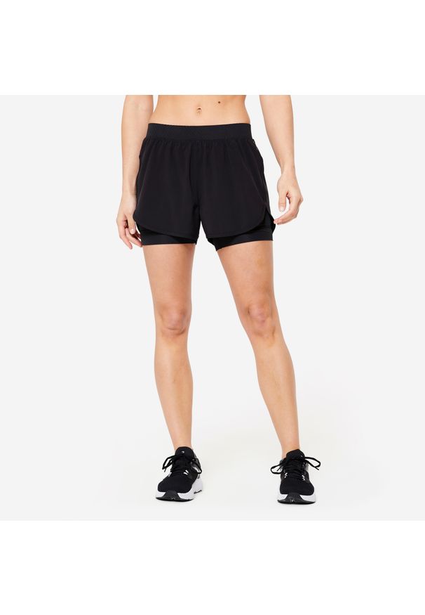 DOMYOS - Spodenki fitness cardio damskie Domyos 2 w 1. Kolor: czarny. Materiał: materiał, skóra. Sport: fitness