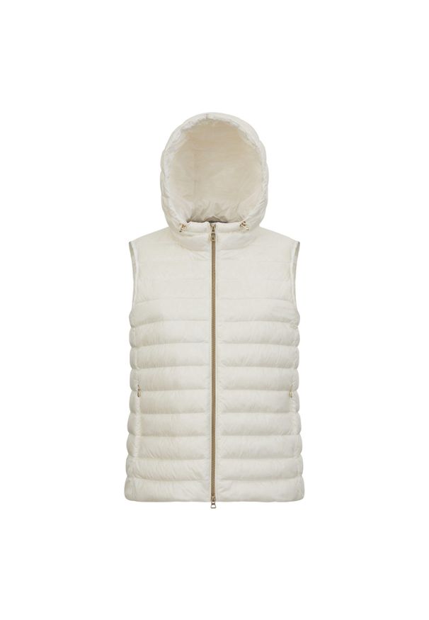 Damska kurtka bez rękawów Geox Jaysen. Kolor: biały. Materiał: puch. Długość rękawa: bez rękawów. Styl: elegancki