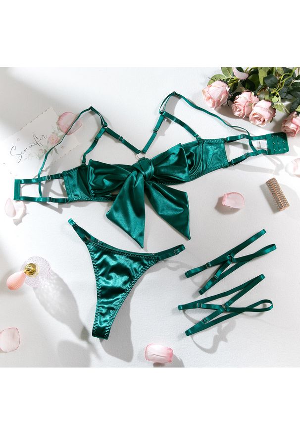 Intica - Komplet bielizny z kokardą regulowane ramiączka elegancki styl Radenka. Kolor: zielony. Materiał: materiał