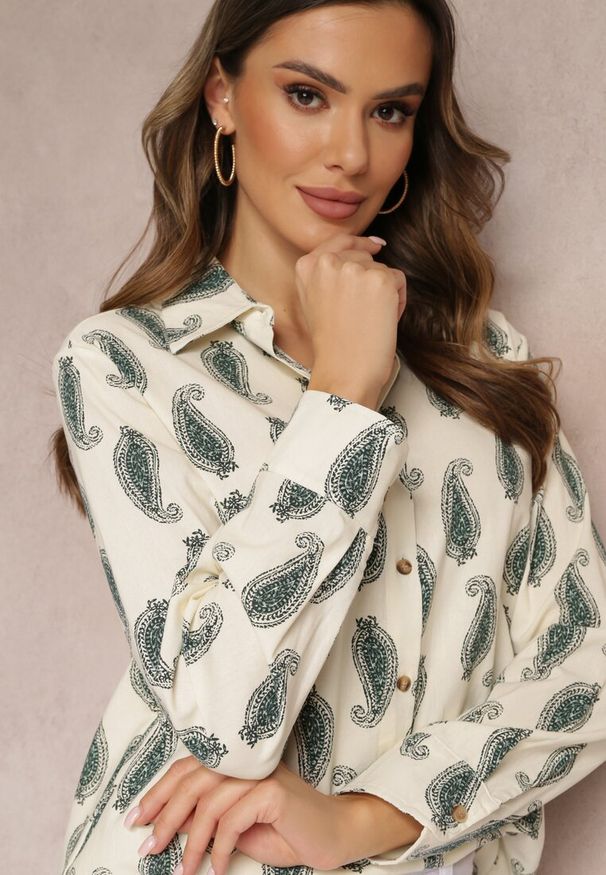 Renee - Beżowo-Zielona Bawełniana Koszula z Drobnym Wzorem Paisley Kaisleigh. Kolor: beżowy. Materiał: bawełna. Wzór: paisley. Styl: klasyczny