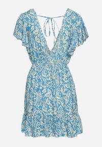 Born2be - Niebieska Rozkloszowana Bawełniana Sukienka z Gumką w Talii i Falbanami Nelsea. Okazja: na co dzień, na randkę. Typ kołnierza: dekolt w kształcie V. Kolor: niebieski. Materiał: bawełna. Długość rękawa: krótki rękaw. Typ sukienki: rozkloszowane. Styl: casual, wizytowy #3