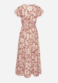 Born2be - Ciemnobeżowa Sukienka o Rozkloszowanym Kroju w Kwiaty Ozdobiona Paskiem Nilatra. Okazja: na co dzień. Kolor: beżowy. Długość rękawa: krótki rękaw. Wzór: aplikacja, kwiaty. Sezon: lato. Typ sukienki: rozkloszowane. Styl: casual, elegancki #7