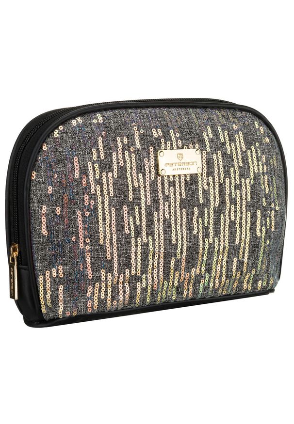 Czarna kosmetyczka z materiału syntetycznego, jednokomorowa i zamykana suwakiem - Peterson. Kolor: czarny. Materiał: syntetyk, materiał. Wzór: aplikacja
