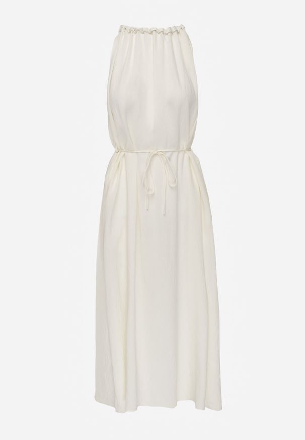 Renee - Jasnobeżowa Sukienka Bez Rękawów z Wiskozy z Ozdobnym Dekoltem i Wiązaniem w Talii Azeira. Okazja: na co dzień. Kolekcja: plus size. Kolor: beżowy. Materiał: wiskoza. Długość rękawa: bez rękawów. Typ sukienki: dla puszystych. Styl: casual