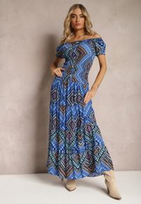 Renee - Niebiesko-Granatowa Sukienka Hiszpanka Boho z Bawełny z Gumką w Talii Lovedia. Typ kołnierza: dekolt hiszpanka. Kolor: niebieski. Materiał: bawełna. Styl: boho #4