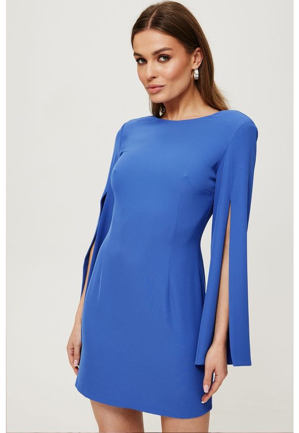 Makover - Elegancka ołówkowa sukienka mini rozcięte rękawy czarna. Kolor: czarny. Typ sukienki: ołówkowe. Styl: elegancki. Długość: mini