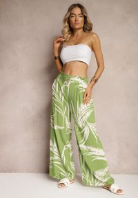 Renee - Jasnozielone Szerokie Spodnie z Wiskozy High Waist o Kroju Kulotów z Motywem Liści Vimanelle. Okazja: na co dzień. Stan: podwyższony. Kolor: zielony. Materiał: wiskoza. Wzór: kwiaty. Styl: casual #4