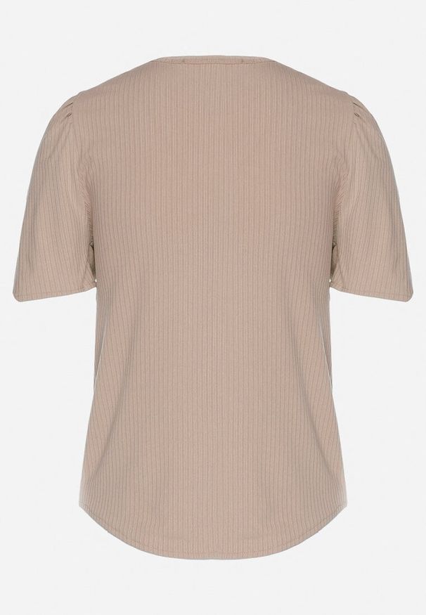 Born2be - Ciemnobeżowy Prążkowany T-shirt z Zakładkami przy Rękawach Kolanovia. Okazja: na co dzień. Kolor: beżowy. Materiał: prążkowany. Styl: casual