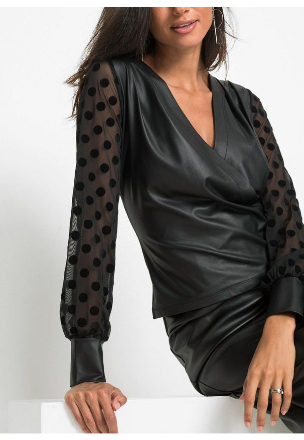 bonprix - Shirt kopertowy ze sztucznej skóry. Kolor: czarny. Materiał: skóra
