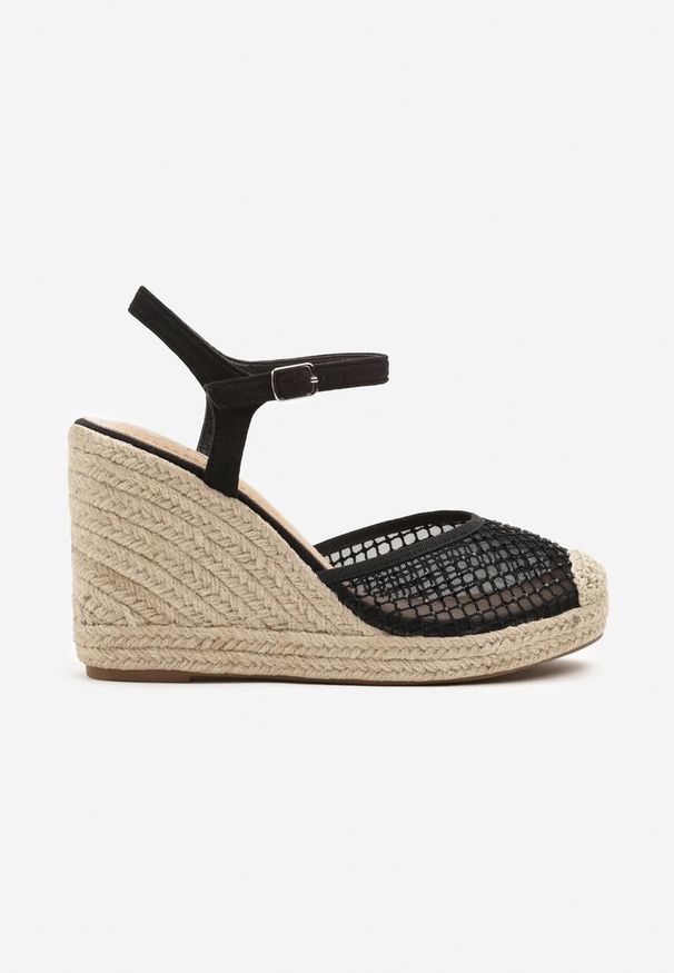 Born2be - Czarne Sandały Siateczkowe w Stylu Espadryli na Koturnie z Plecionki Xaltewia. Okazja: na co dzień. Kolor: czarny. Sezon: lato. Obcas: na koturnie. Styl: elegancki, casual