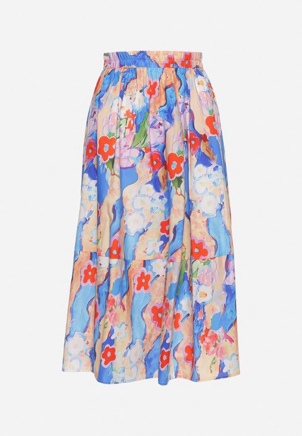 Born2be - Niebiesko-Beżowa Spódnica Rozkloszowana Midi z Bawełny w Abstrakcyjny Wzór Arevita. Okazja: na co dzień. Kolor: niebieski. Materiał: bawełna. Styl: casual, elegancki