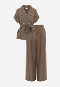 Born2be - Zielony Letni Komplet z Wiskozy i Lnu Szerokie Spodnie i Bluzka z Wiązaniem Pesalia. Kolor: zielony. Materiał: wiskoza, len #7