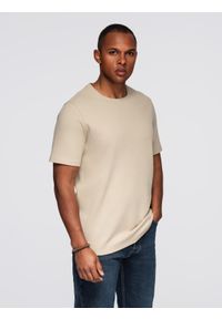 Ombre Clothing - Męska koszulka o waflowej strukturze z okrągłym dekoltem – piaskowa V2 - Rozmiar: L. Okazja: na co dzień. Materiał: bawełna. Styl: casual