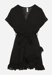 Born2be - Czarna Rozkloszowana Sukienka Ozdobiona Falbanami i Paskiem Zivene. Okazja: na imprezę. Kolor: czarny. Wzór: aplikacja. Sezon: lato, wiosna. Styl: elegancki