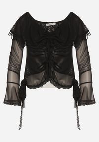 Born2be - Czarna Siateczkowa Bluzka z Bawełny i Wiskozy z Odkrytymi Ramionami Fenikka. Typ kołnierza: kołnierz z falbankami. Kolor: czarny. Materiał: bawełna, wiskoza. Wzór: aplikacja #3