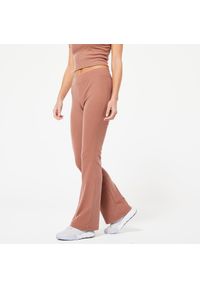 DOMYOS - Legginsy fitness damskie prążkowane bootcut. Kolor: brązowy. Materiał: lyocell, poliester, elastan, materiał. Sport: fitness