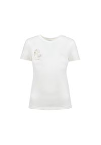Ochnik - Kremowy T-shirt damski z aplikacją. Okazja: na co dzień. Kolor: biały. Materiał: bawełna. Wzór: aplikacja. Styl: casual