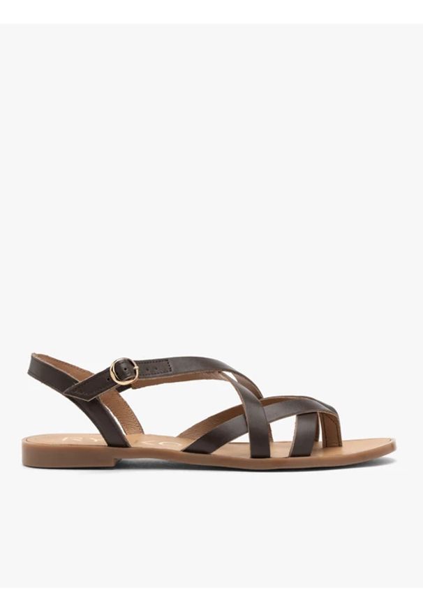 Ryłko - Brązowe sandały damskie płaskie. Zapięcie: sprzączka. Kolor: brązowy. Materiał: skóra. Sezon: lato. Styl: street