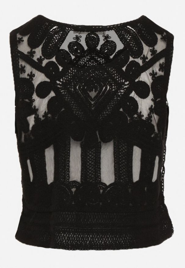 Born2be - Czarny Haftowany Top z Bawełną Elnesta. Okazja: na imprezę. Kolor: czarny. Materiał: bawełna. Wzór: haft. Styl: elegancki