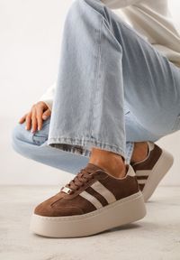 Renee - Brązowe Sneakersy na Platformie ze Skóry Naturalnej Ozdobione Paskami Sovimi. Okazja: na co dzień. Zapięcie: pasek. Kolor: brązowy. Materiał: skóra. Wzór: aplikacja. Obcas: na platformie #1
