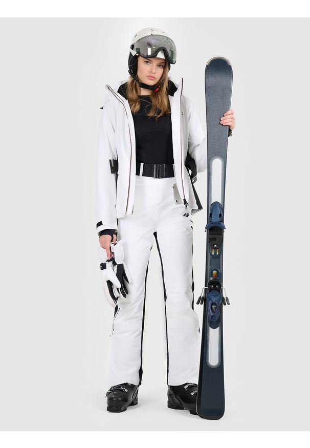 4f - 4F Kurtka narciarska membrana Dermizax 20000 z systemem RECCO damska - biała XS. Typ kołnierza: kołnierzyk stójkowy. Kolor: biały. Materiał: skóra, materiał. Wzór: nadruk. Sezon: zima
