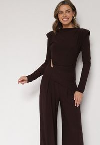 Born2be - Brązowy Elegancki Komplet Szerokie Spodnie i Bluzka z Usztywnianymi Ramionami Sewesta. Kolor: brązowy #6